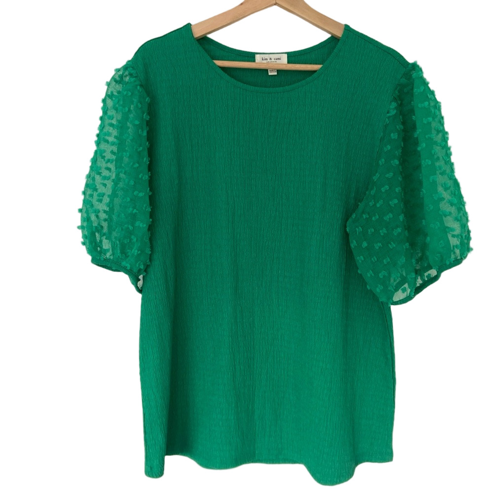KIM & CAMI KELLY GREEN TOP/BLOUSE WITH SHEER CHIFFON STATEMENT SLEEVES, XL
